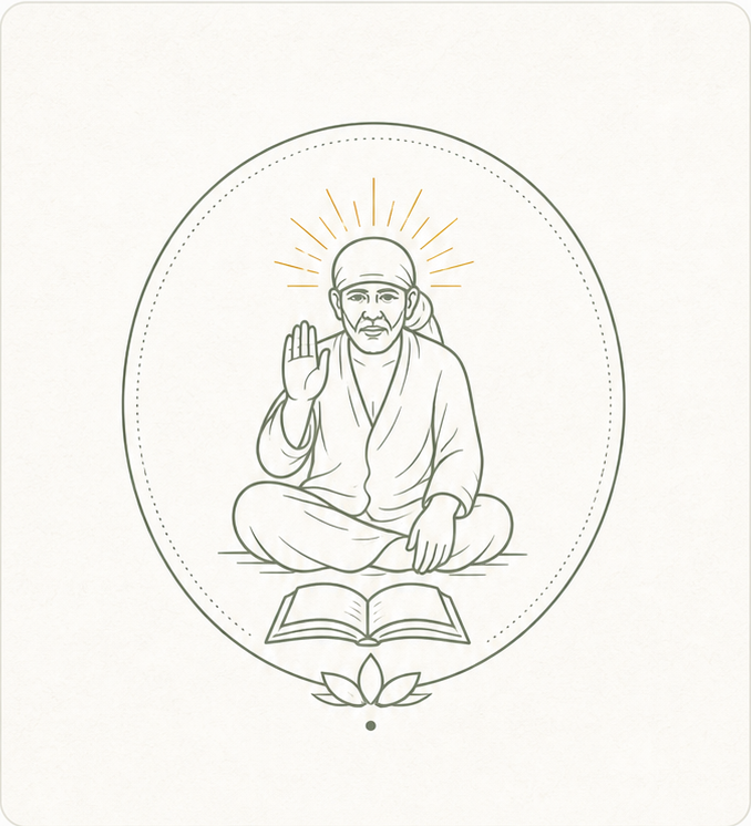 Line illustration of Shri Sai Baba seated above an open book