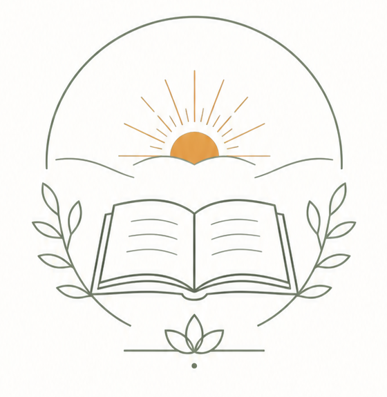 Open book beneath a rising saffron sun